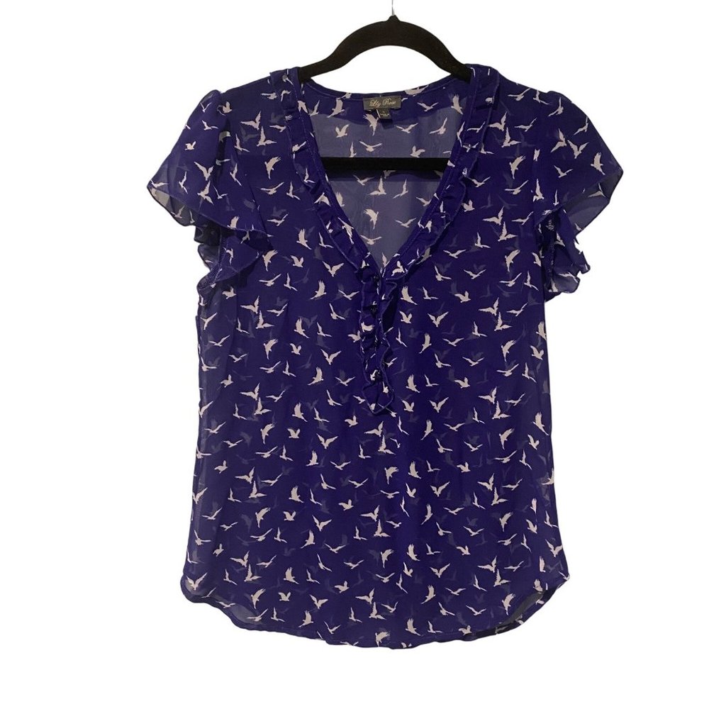 Lily Rose size Small blue sheer short sleeve blouse with bird print and ruffle